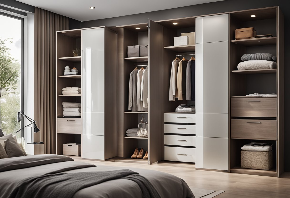 A spacious bedroom wardrobe with sleek, modern shelves and drawers, neatly organized with clothing and accessories. Soft lighting highlights the elegant design