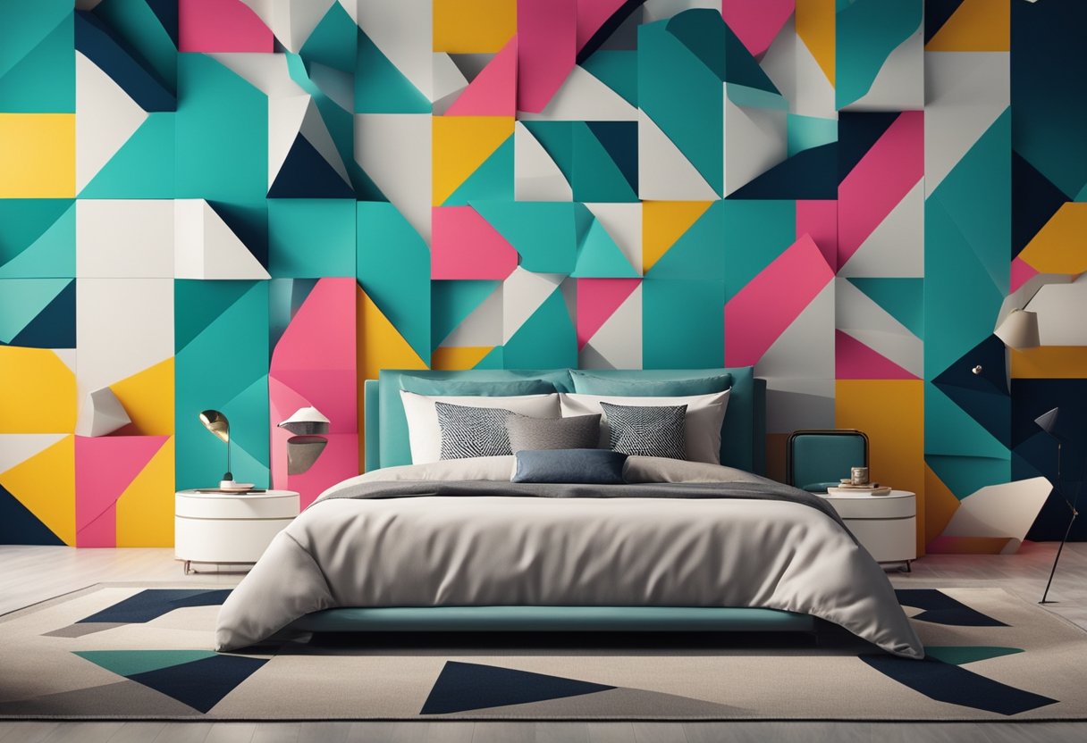 A tape-inspired bedroom wall with geometric shapes and bold colors, creating a modern and vibrant design