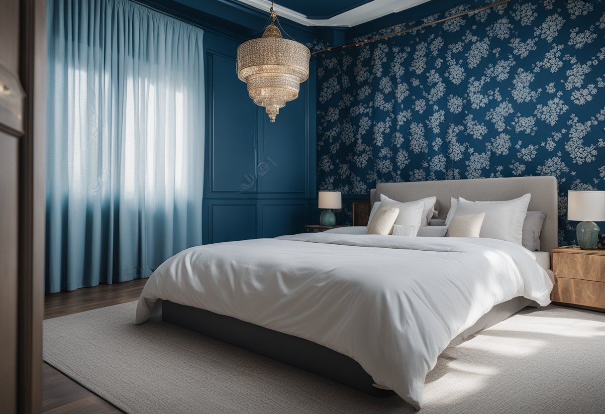 A bedroom with blue wallpaper featuring intricate floral patterns and a subtle sheen