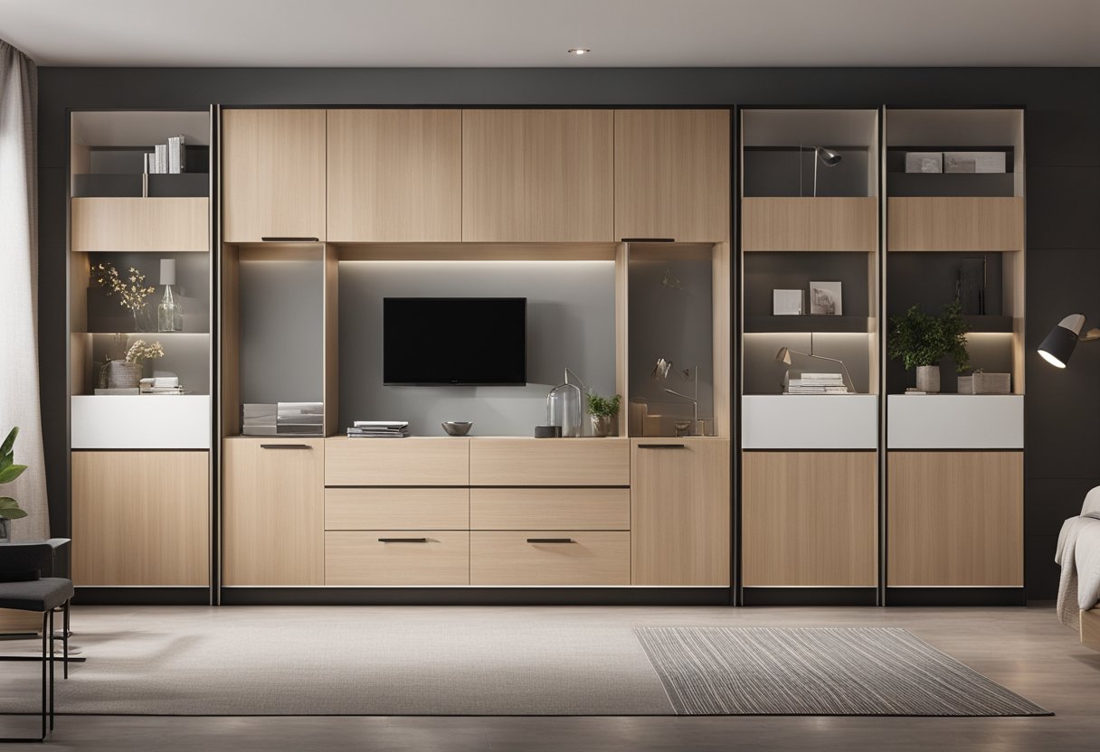 A modern bedroom cabinet with sleek lines and a minimalist design. The cabinet is made of light-colored wood with clean, straight edges and concealed handles