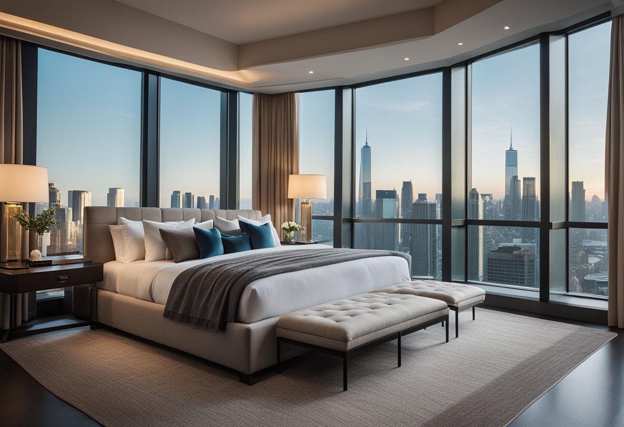 A luxurious king-size bed sits against a backdrop of floor-to-ceiling windows, offering a stunning view of the city skyline. Plush, oversized pillows and a cozy throw blanket add a touch of comfort, while sleek, modern furnishings complete the elegant ambiance