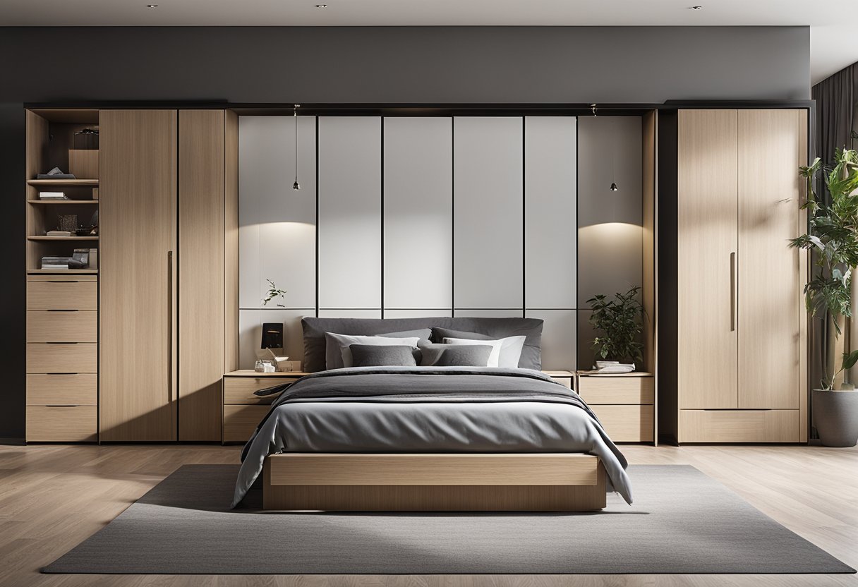 A spacious bedroom with a large built-in wardrobe featuring clever storage solutions, such as pull-out drawers, adjustable shelves, and hanging rods