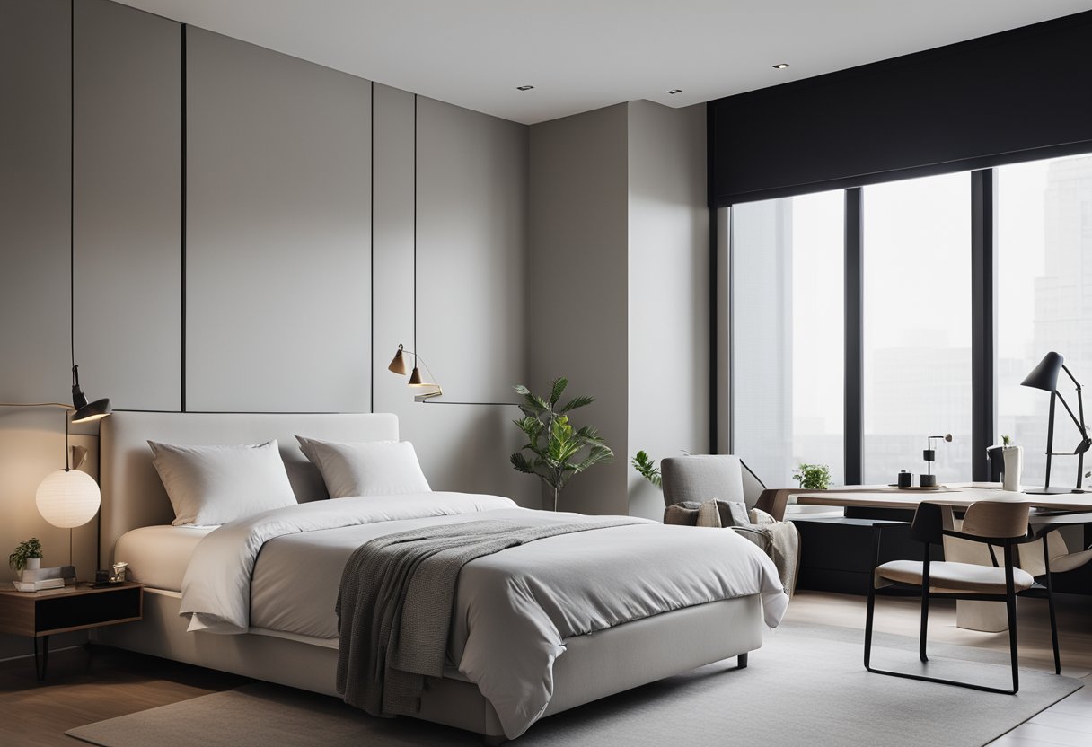 A minimalist bedroom with clean lines, a neutral color palette, and modern furniture. A simple bed with crisp white linens, a sleek nightstand, and a minimalist desk with a comfortable chair
