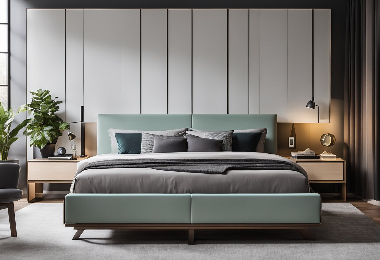 The bedroom showcases modern furniture with sleek lines and innovative storage solutions. The bed frame and nightstands feature clean, minimalist design, while the room is accented with pops of color and unique decor pieces