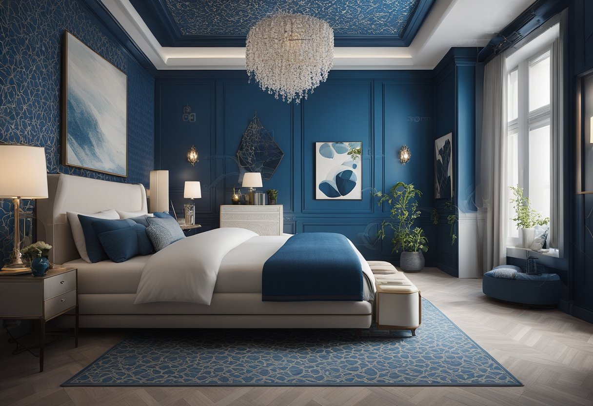 A bedroom with blue wallpaper featuring intricate floral patterns and geometric shapes, creating a serene and elegant atmosphere