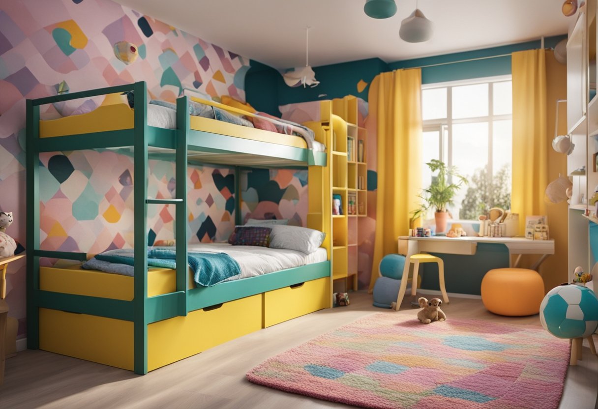 A colorful children's bedroom with a bunk bed, toy-filled shelves, and a playful mural on the wall. Bright curtains let in natural light, and a cozy rug covers the floor