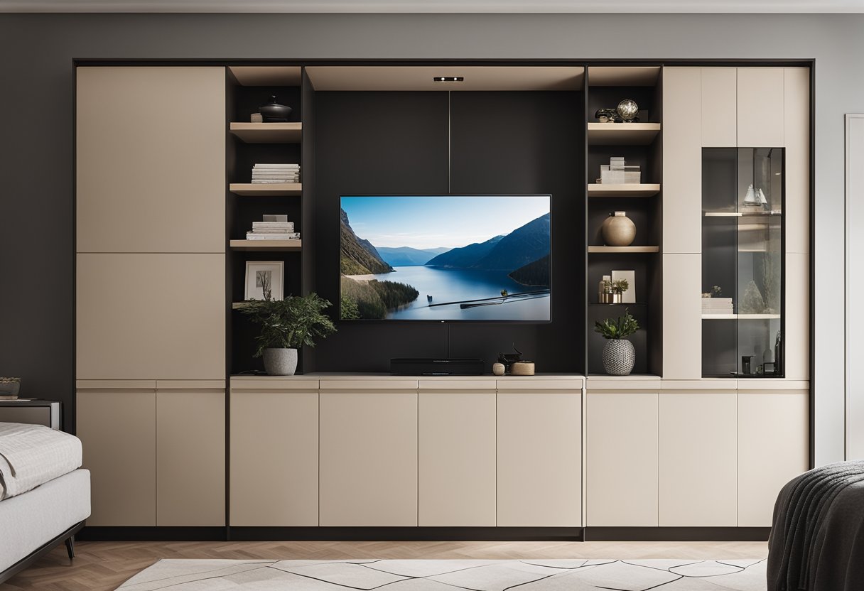 A sleek, modern built-in cabinet with clean lines and ample storage space, situated against a neutral-colored bedroom wall