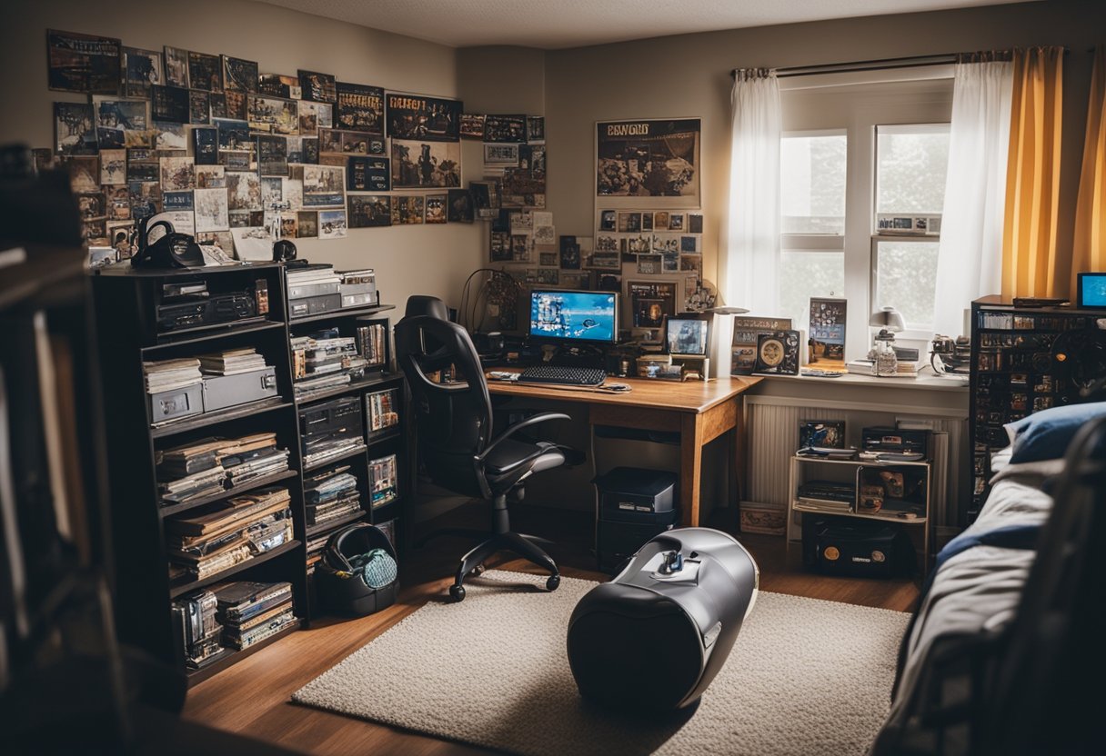A cluttered boys bedroom with a bunk bed, sports posters, and a desk covered in school books and video game controllers