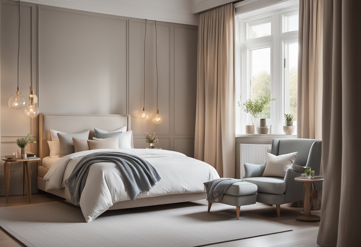 A spacious bedroom with a king-sized bed, large windows, and a cozy reading nook with a plush armchair and floor lamp. The room is decorated in calming neutral tones with accents of soft, pastel colors