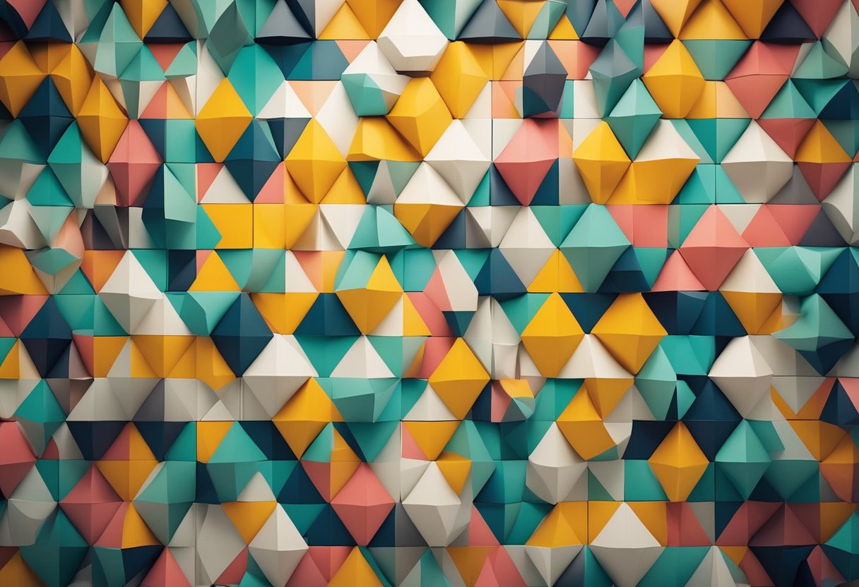 Colorful geometric shapes cover bedroom wall, created with tape in innovative design patterns