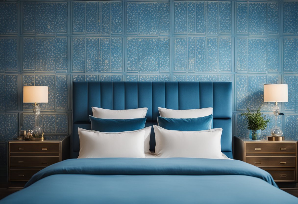 A bedroom with blue wallpaper adorned with frequently asked questions in a repeating pattern