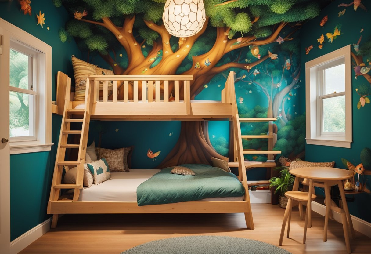 A colorful and whimsical children's bedroom with a treehouse bunk bed, a reading nook with oversized cushions, and a vibrant mural of a magical forest