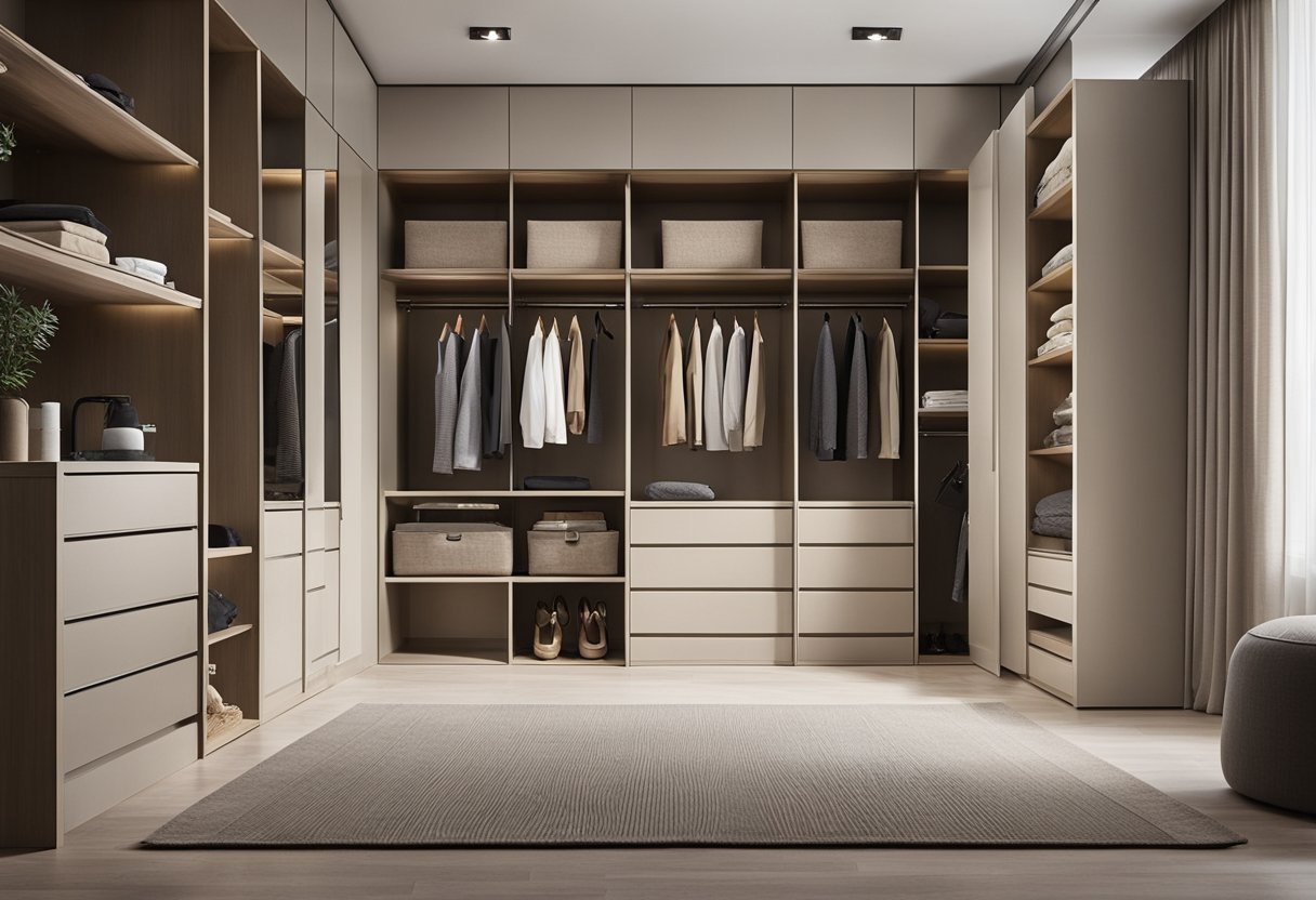 A modern bedroom wardrobe with sleek, minimalist design. Neutral colors, clean lines, and clever storage solutions create a stylish and functional space