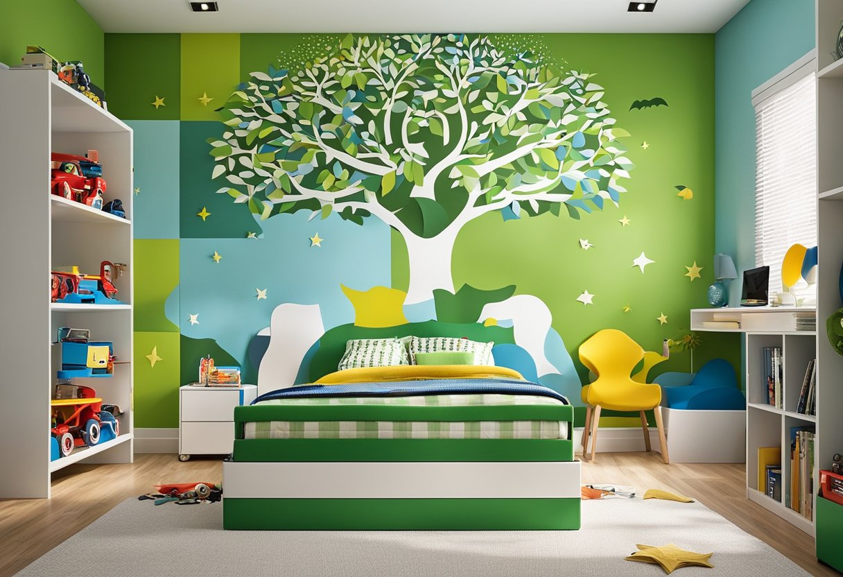 A colorful, playful boys' bedroom with personalized touches, such as superhero-themed wall decals, a race car bed, and a custom-built bookshelf shaped like a tree