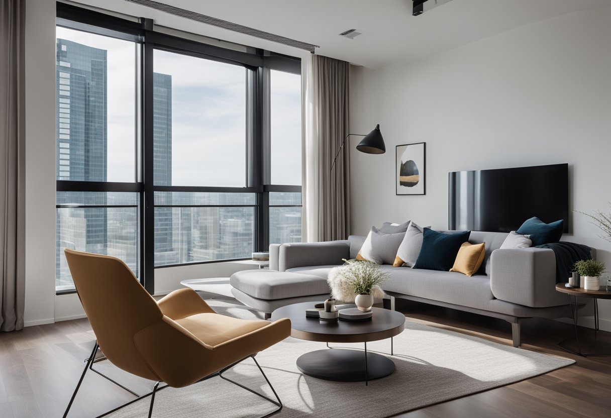 A modern 1 bedroom condo with sleek furniture, large windows, and a minimalist color palette