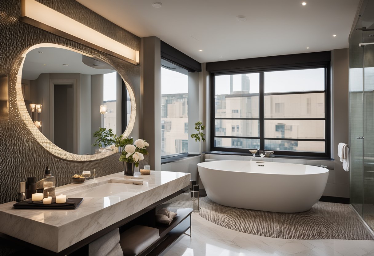 A luxurious hotel bathroom with sleek marble countertops, a deep soaking tub, and a rainfall showerhead. The space is accented with modern fixtures and soft, ambient lighting