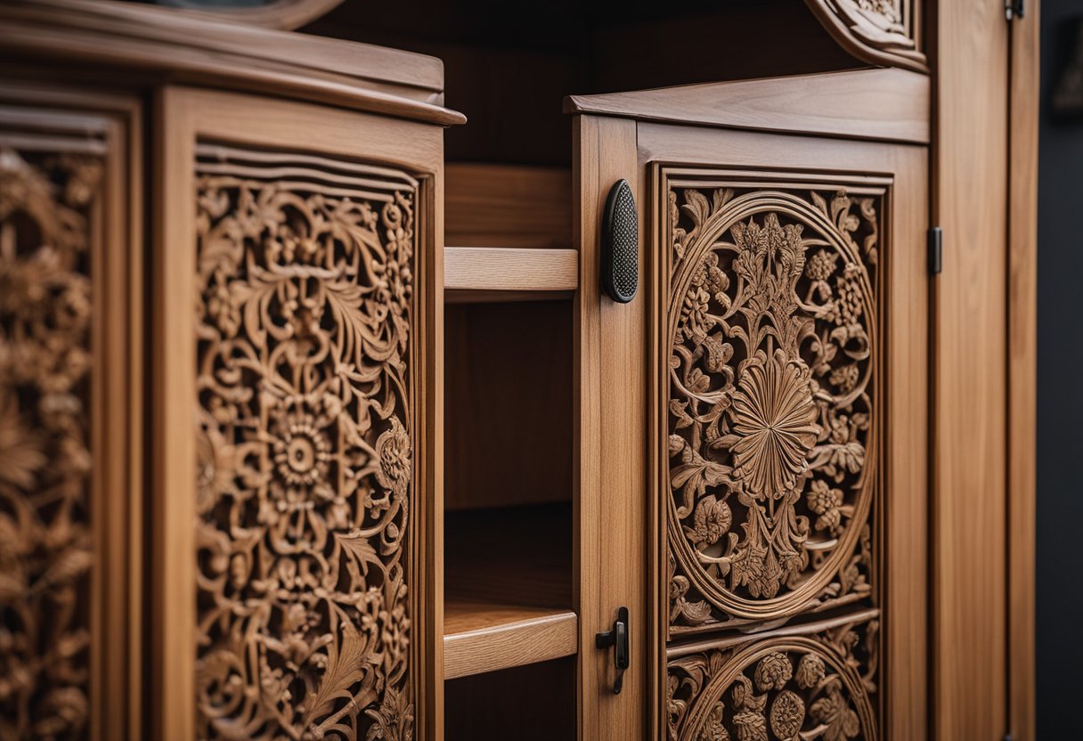 A bedroom cabinet with regional inspirations and trends, featuring intricate carvings, vibrant colors, and natural materials