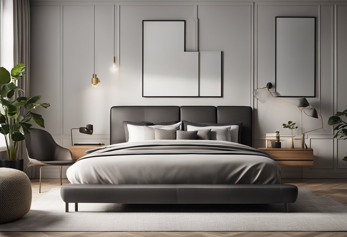 A modern bedroom with sleek furniture, including a stylish bed, nightstands, and a trendy dresser. The room is well-lit and inviting, with clean lines and a minimalist aesthetic