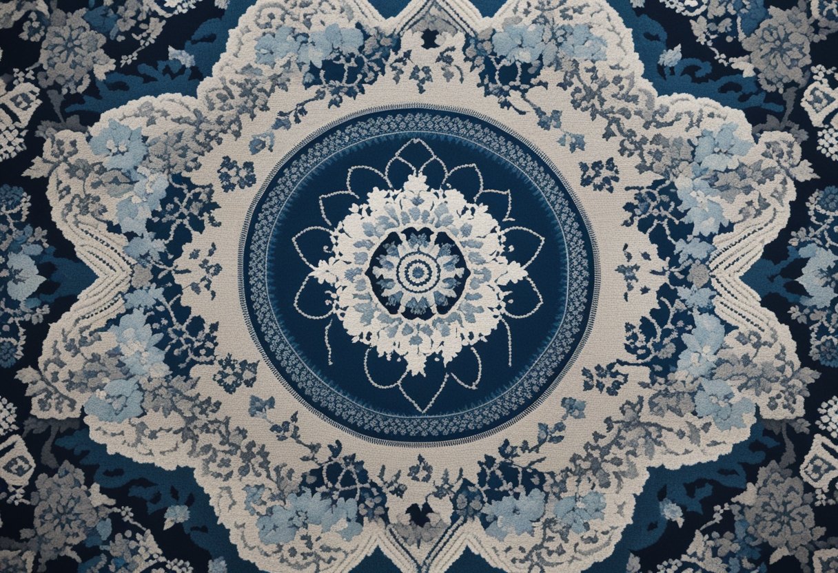 A patterned bedroom carpet with floral and geometric designs in shades of blue and gray