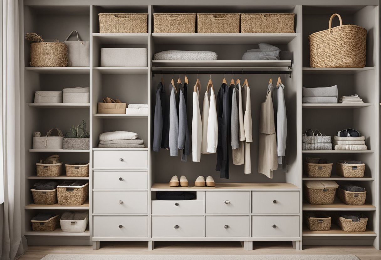 A neatly organized bedroom wardrobe with shelves, drawers, and hanging space. Decorative baskets and bins for storage. Neutral color palette with pops of accent colors