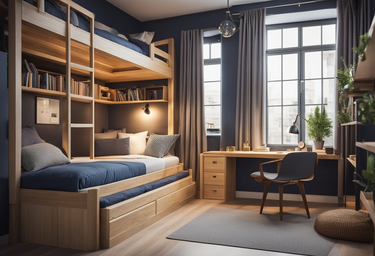 A spacious and comfortable boys' bedroom with a loft bed, built-in storage, and a cozy reading nook with soft lighting