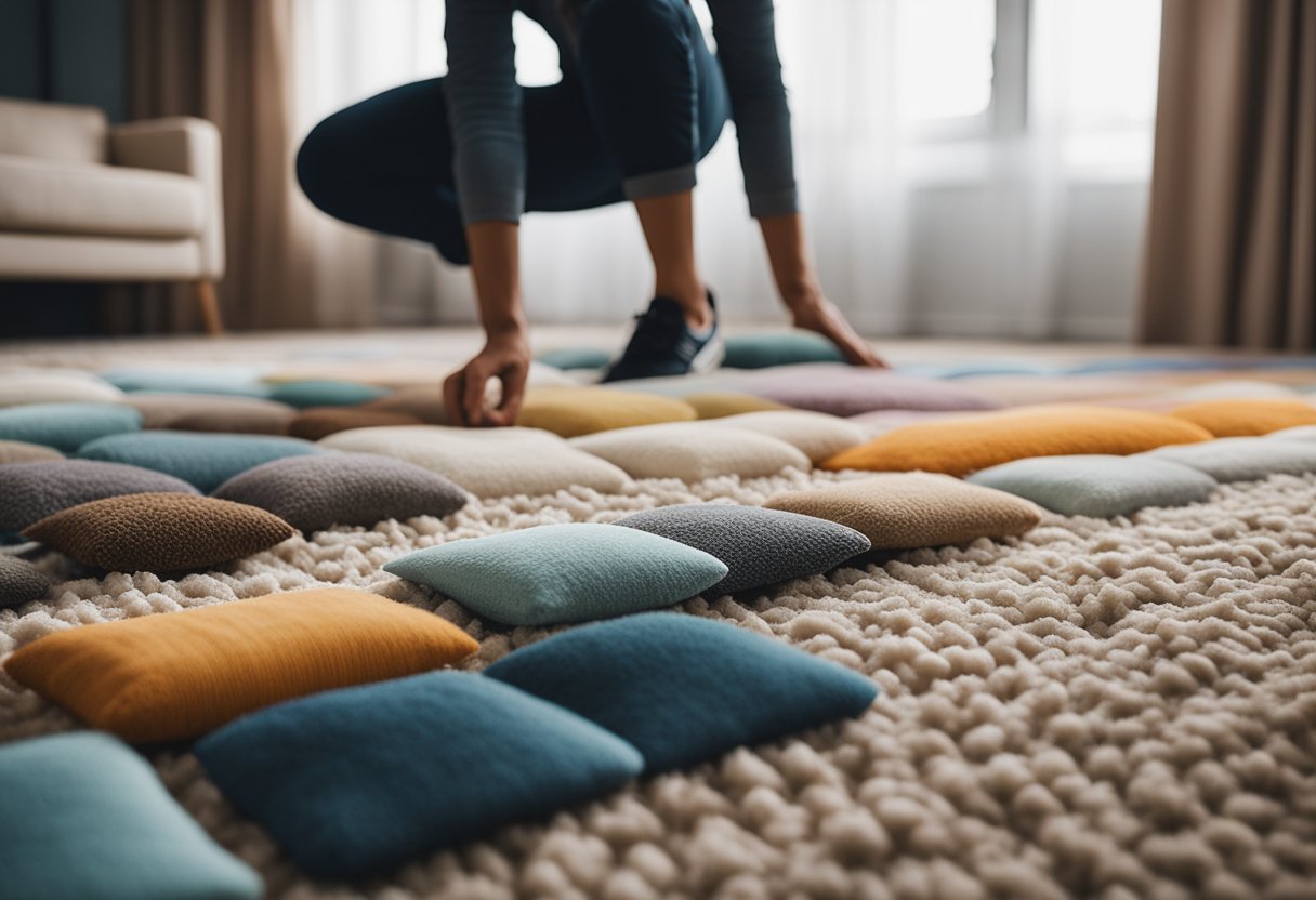 A person standing in a bedroom, comparing different carpet samples with various colors and textures spread out on the floor
