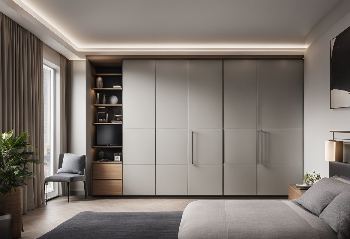 A bedroom with a built-in cabinet featuring sleek, modern design and ample storage space. The cabinet is seamlessly integrated into the wall, with clean lines and minimalistic hardware