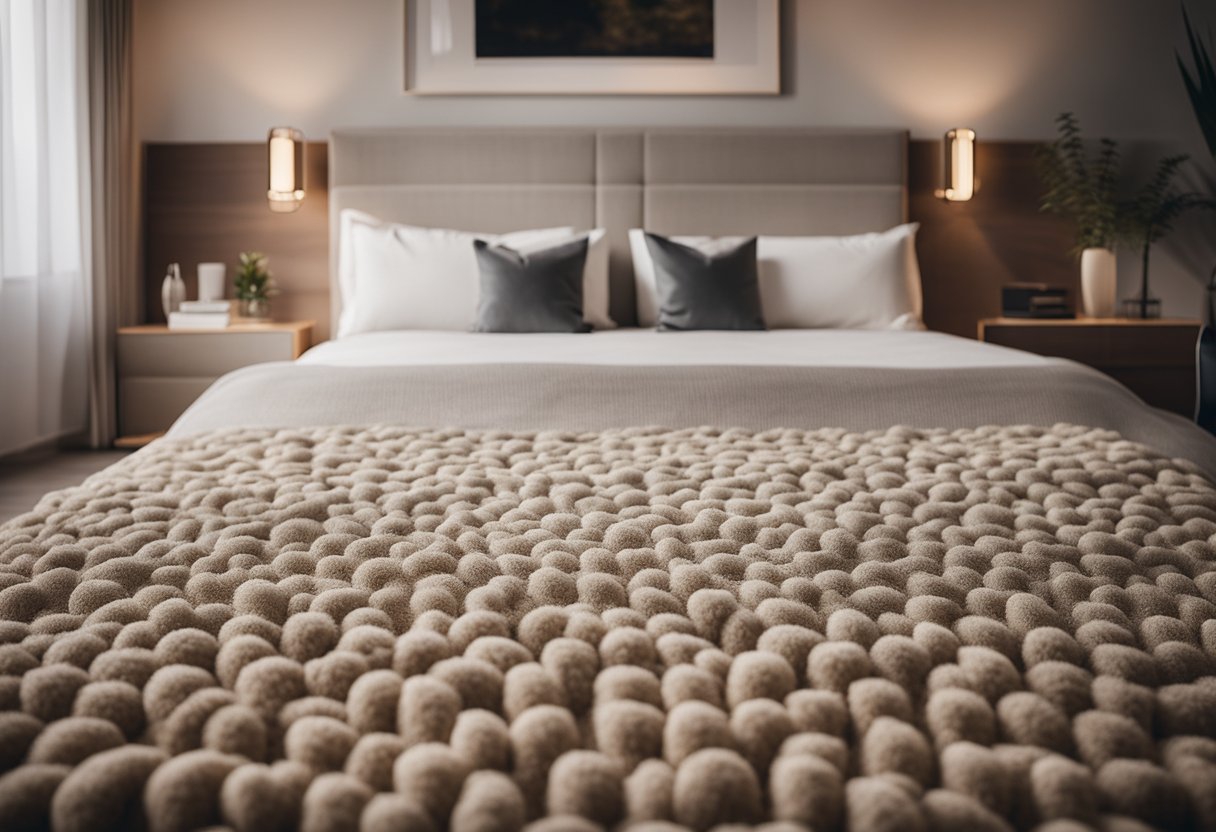 A cozy bedroom with a plush, neutral-colored carpet featuring a repeating pattern of question marks in various sizes and shades