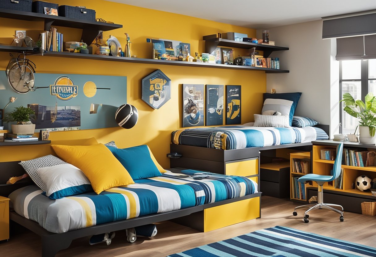 A cozy boys' bedroom with bunk beds, a study area, and sports-themed decor. Bright colors and organized shelves create a fun and functional space
