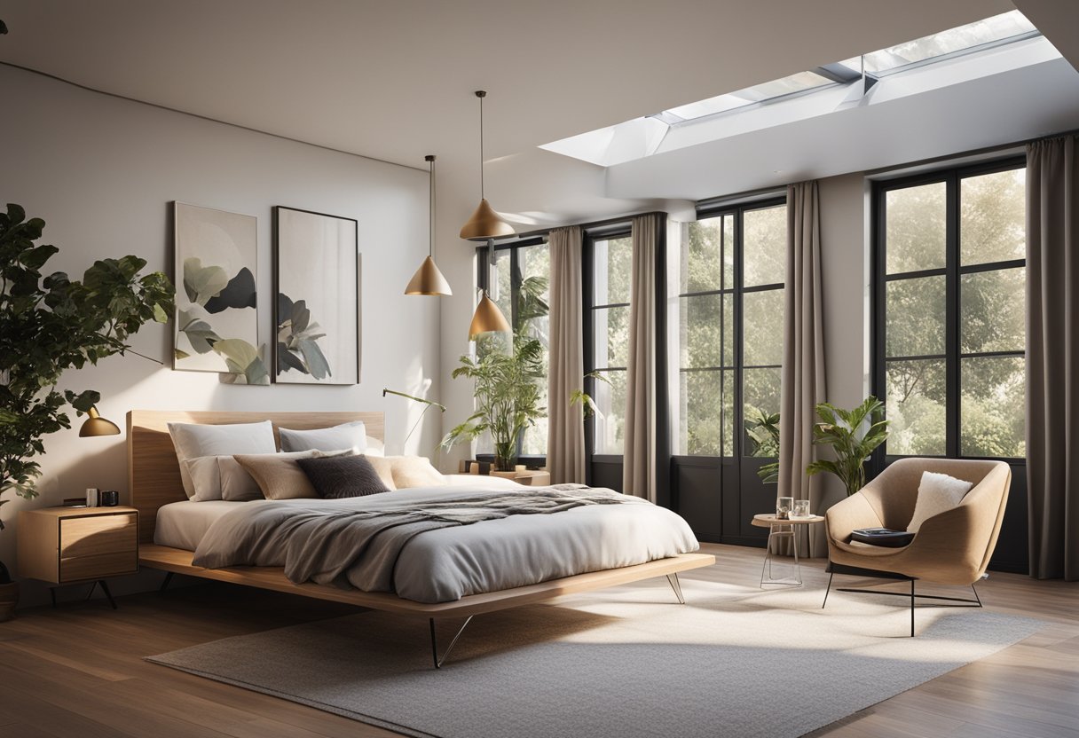 A spacious bedroom with modern furniture, large windows letting in natural light, and a cozy reading nook in the corner