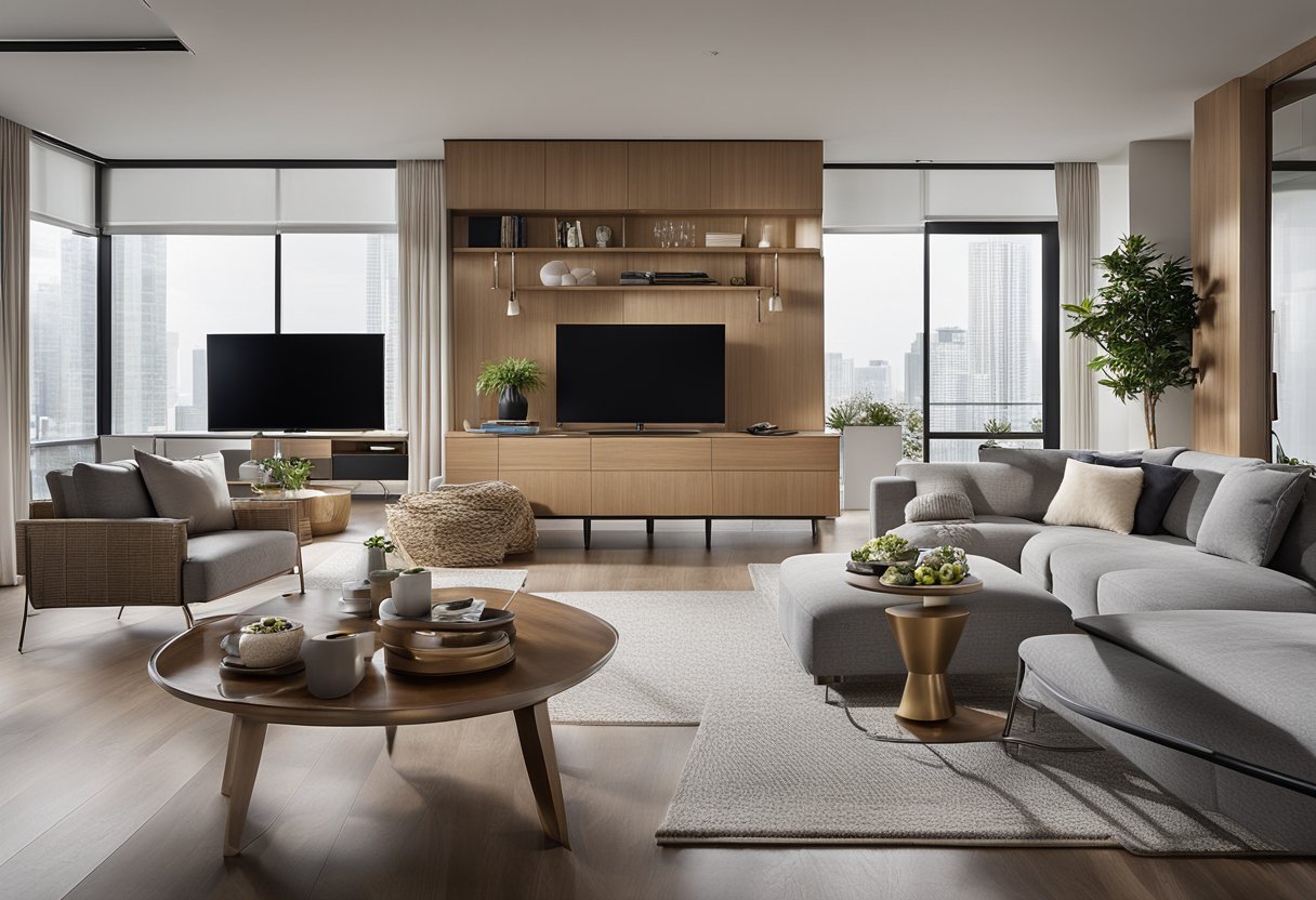 The 1 bedroom condo is efficiently designed with multifunctional furniture, built-in storage, and sleek space-saving solutions. The living area seamlessly transitions into the kitchen and dining area, creating an open and airy feel