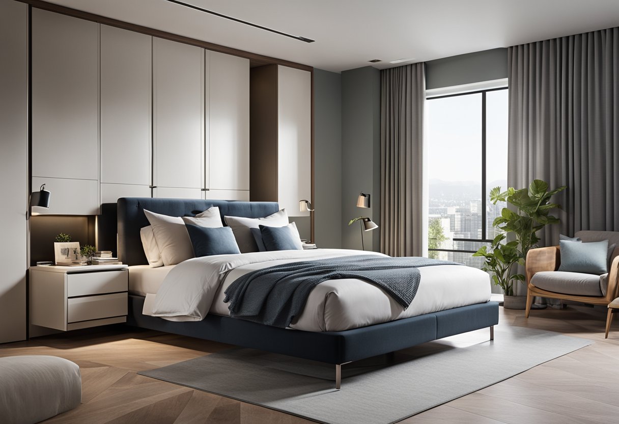 A bedroom with a sleek, modern cabinet design featuring clean lines, minimalist hardware, and ample storage options