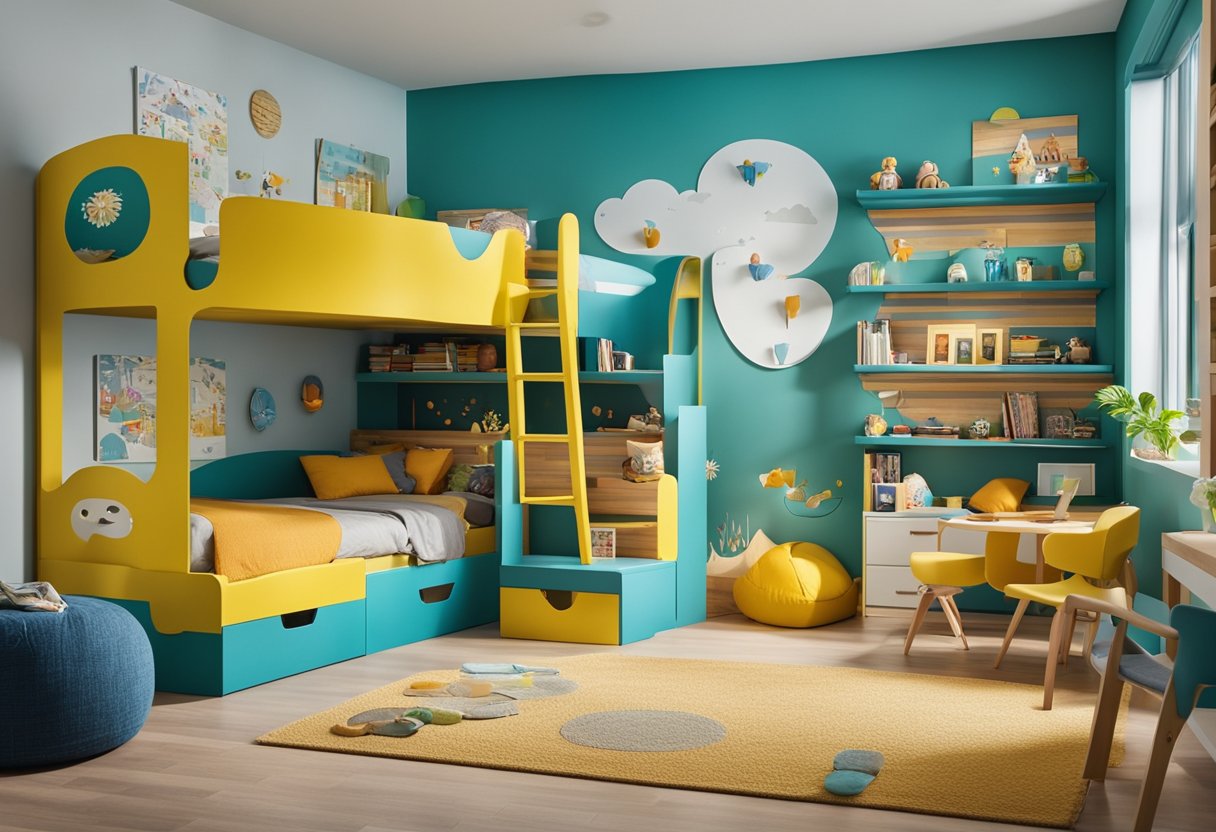 A colorful children's bedroom with bunk beds, a cozy reading nook, and a playful wall mural. Bright, cheerful decor and plenty of storage for toys and books