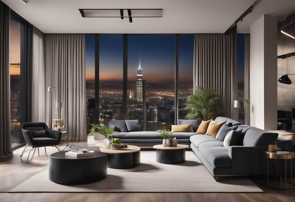 A modern living room with sleek furniture, a statement wall with bold artwork, and floor-to-ceiling windows offering a stunning city view