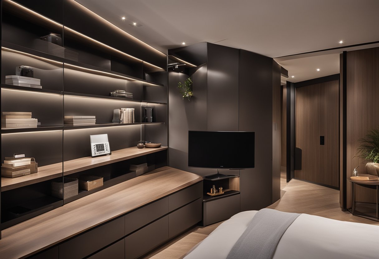 A sleek, modern built-in cabinet with clean lines and integrated lighting, providing both storage and style to the bedroom