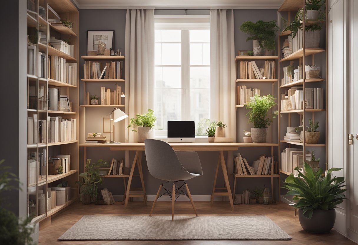 A cozy bedroom study with a large desk, bookshelves, and a comfortable chair. Soft lighting, plants, and a peaceful color scheme create a serene atmosphere for focused studying