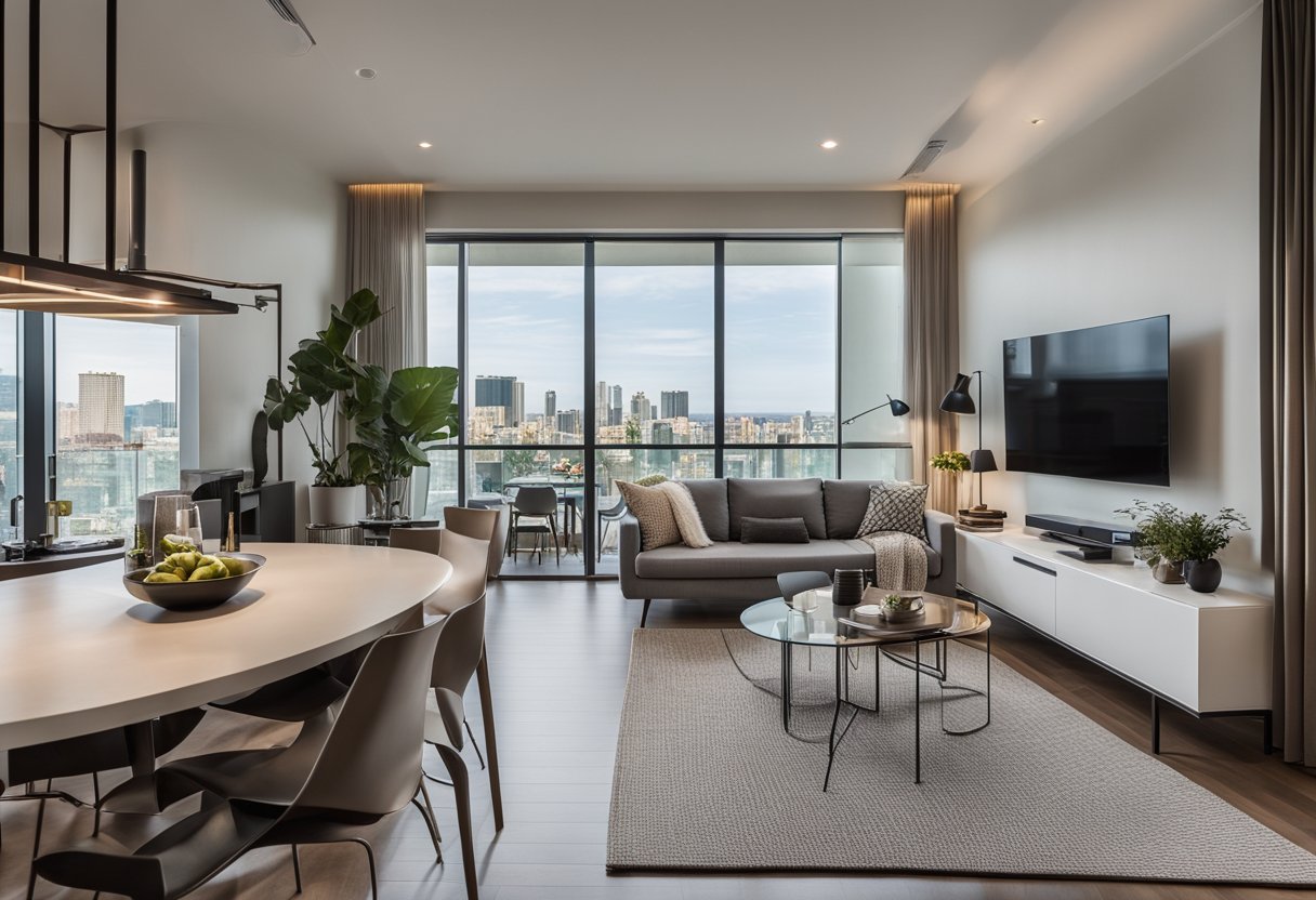 A cozy 1-bedroom condo with modern furnishings and ample natural light. A sleek kitchen, spacious living area, and a comfortable bedroom with a view