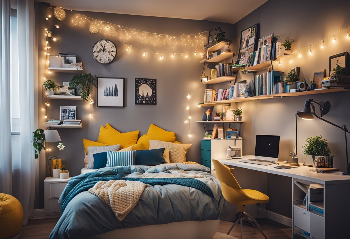 A cozy teenage bedroom with a loft bed, string lights, and a study area with a desk and bookshelves. Colorful wall art and a comfy reading nook complete the design