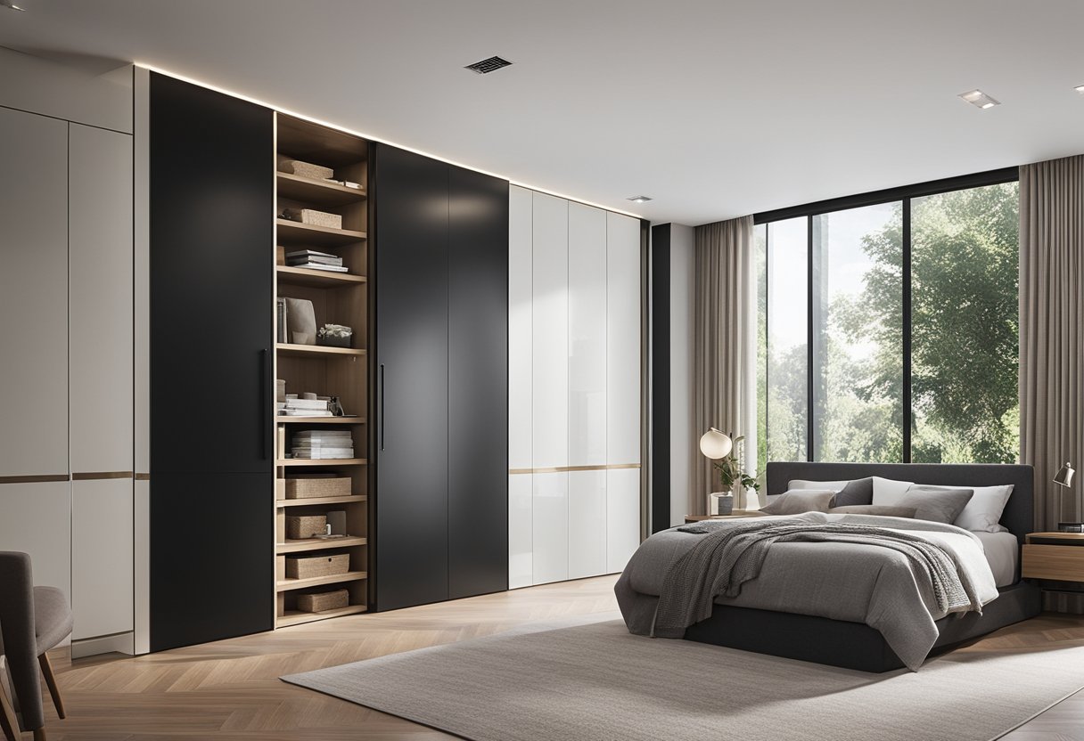 A sleek, modern built-in cabinet for a bedroom, with clean lines and ample storage space