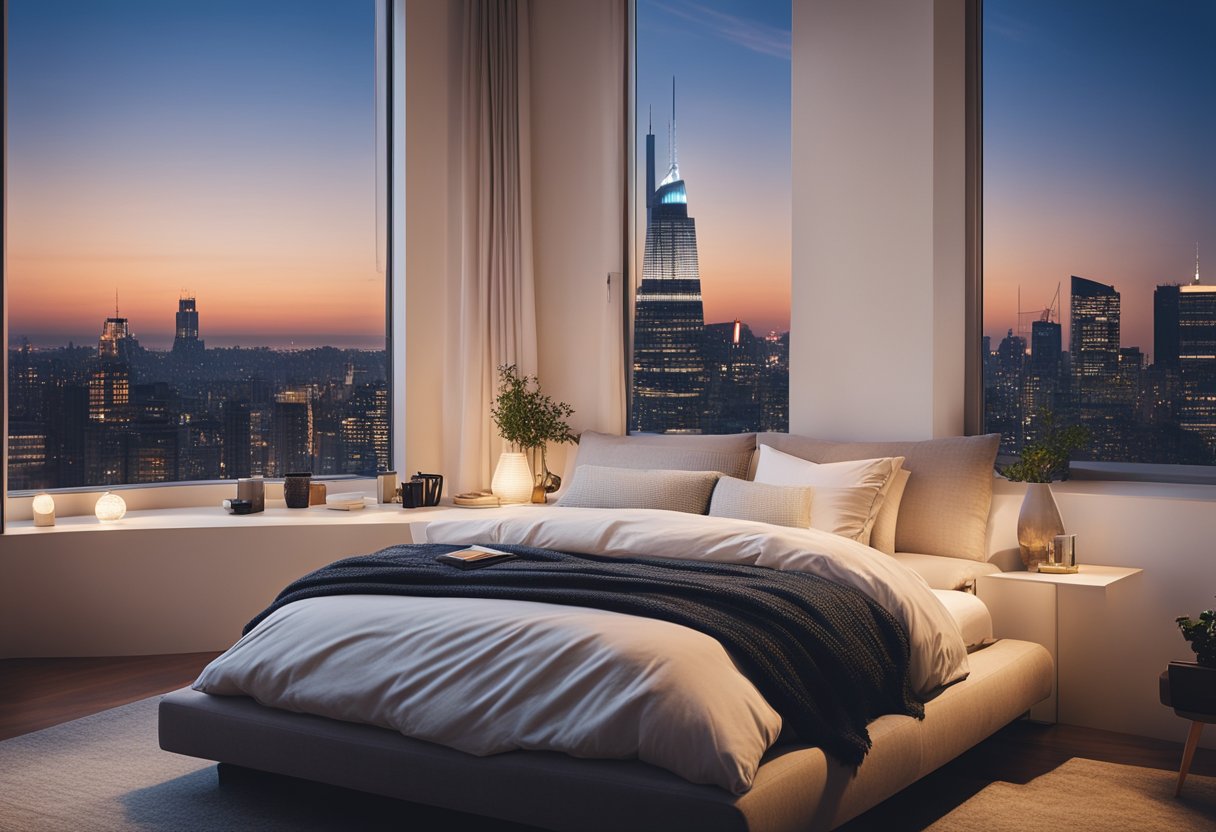 A cozy loft bedroom with a large, comfortable bed, soft lighting, and minimalist decor. A small reading nook with a plush armchair and a floor-to-ceiling window overlooking a city skyline