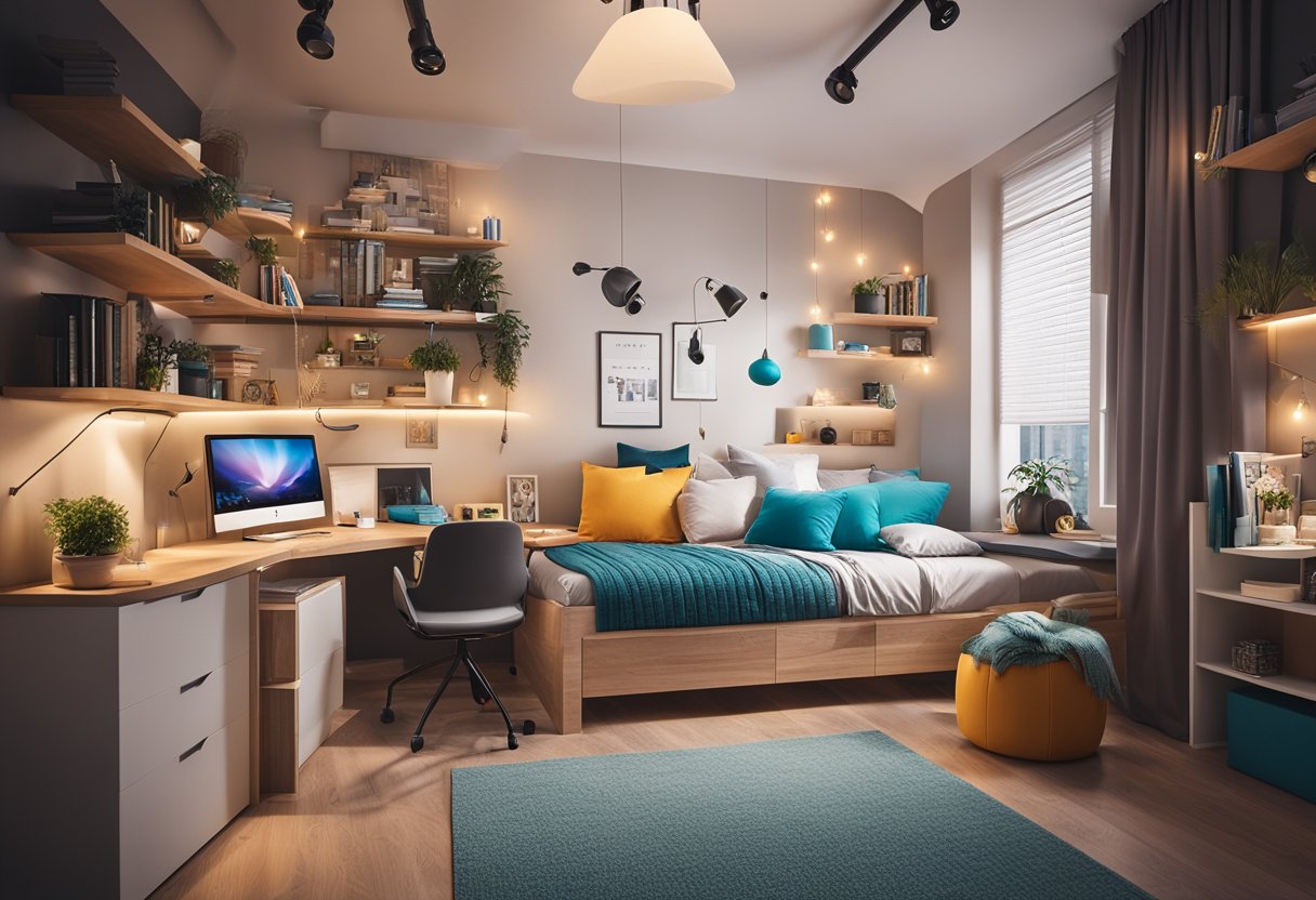 A cozy teenage bedroom with vibrant colors, a study area, and personalized decor. The room features functional storage solutions and a comfortable seating area for hanging out with friends