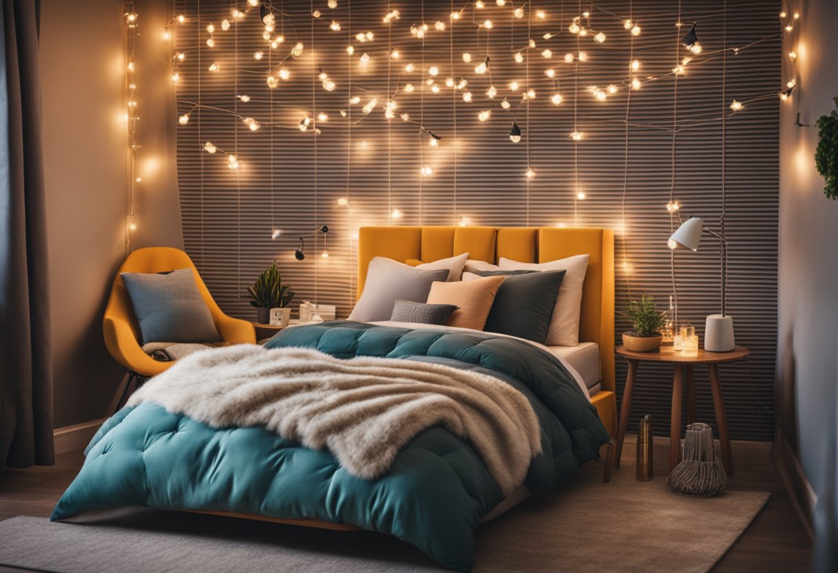 A cozy, modern teenage bedroom with string lights, a comfy bean bag chair, colorful throw pillows, and a stylish desk with a sleek lamp