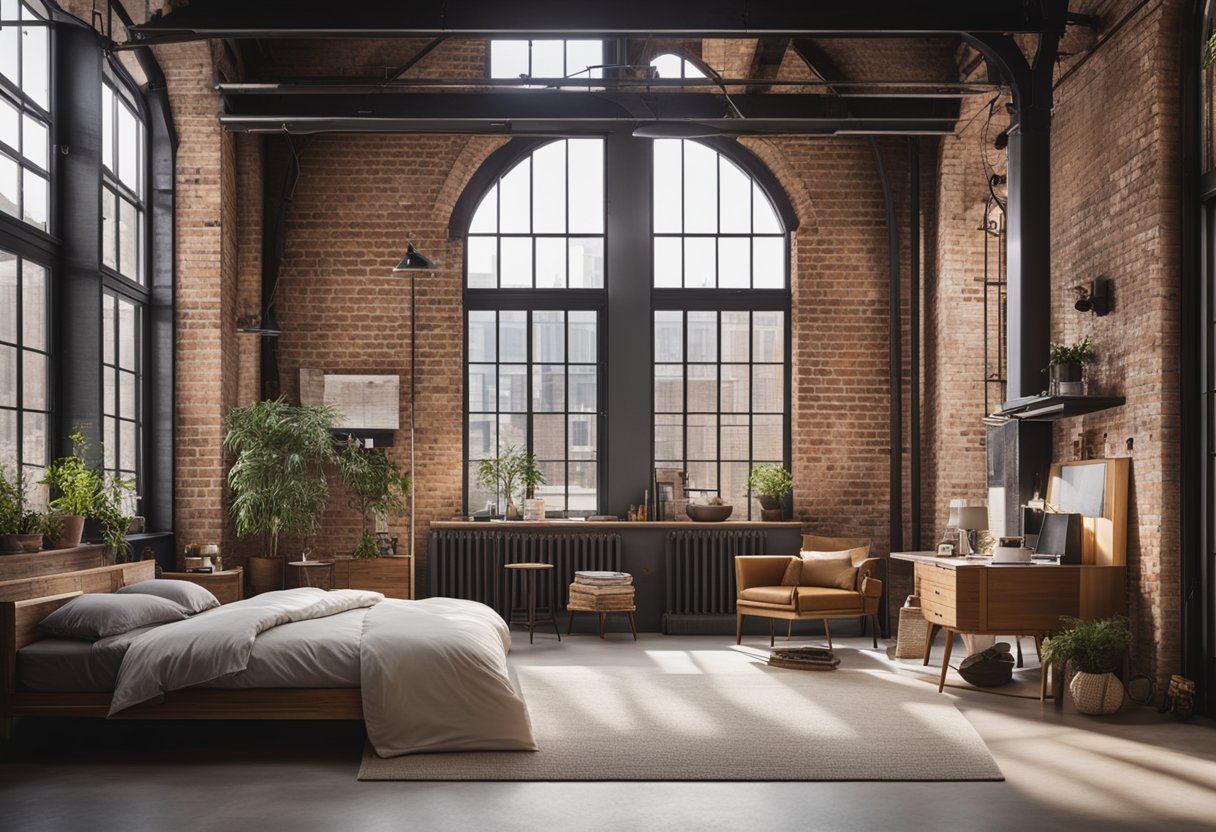 A cozy loft bedroom with a mix of modern and vintage furniture, exposed brick walls, and large windows letting in natural light