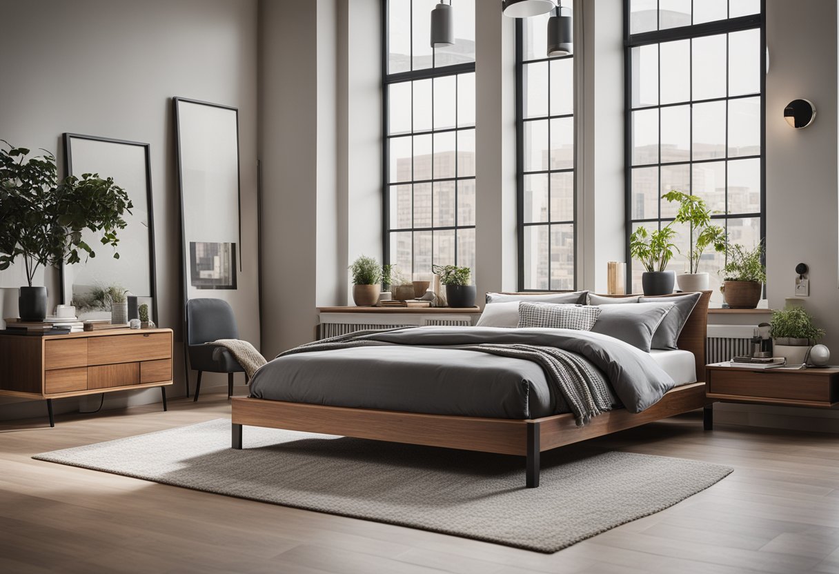 A cozy loft bedroom with a modern design, featuring a raised platform bed, large windows, and a minimalist color palette