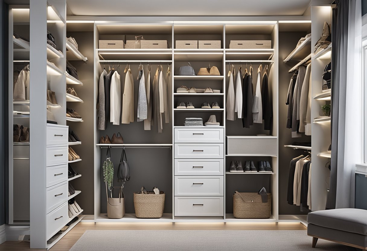 A spacious bedroom closet with built-in shelves, drawers, and hanging rods. The design includes a mirrored door and ample lighting for easy organization