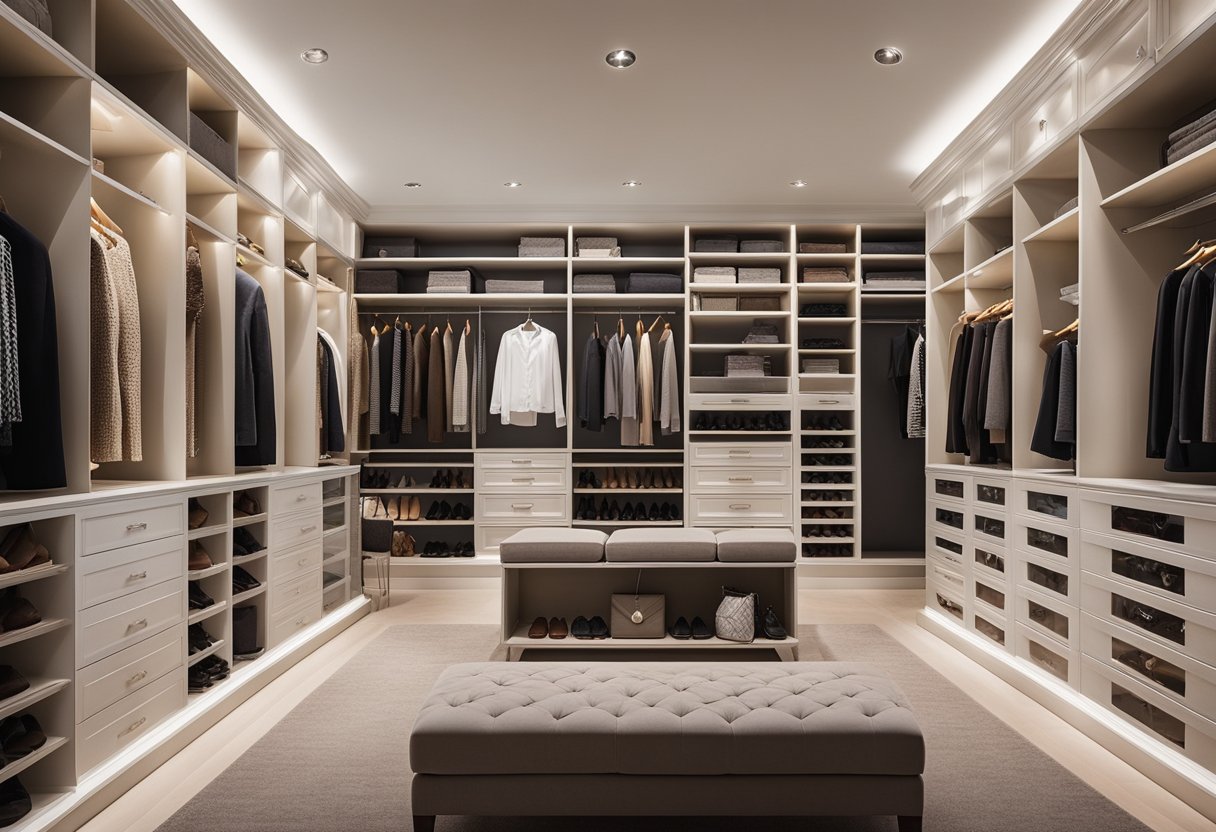 A spacious walk-in closet with built-in shelves, drawers, and hanging rods. Soft lighting illuminates the neatly organized clothing and accessories. A cozy seating area adds a touch of luxury