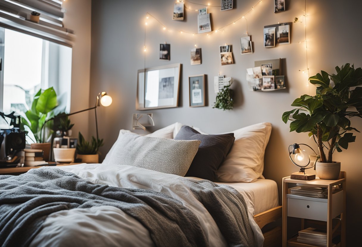 A cozy teenage bedroom with a loft bed, string lights, a study desk, and wall art. Books and plants add a touch of personal style