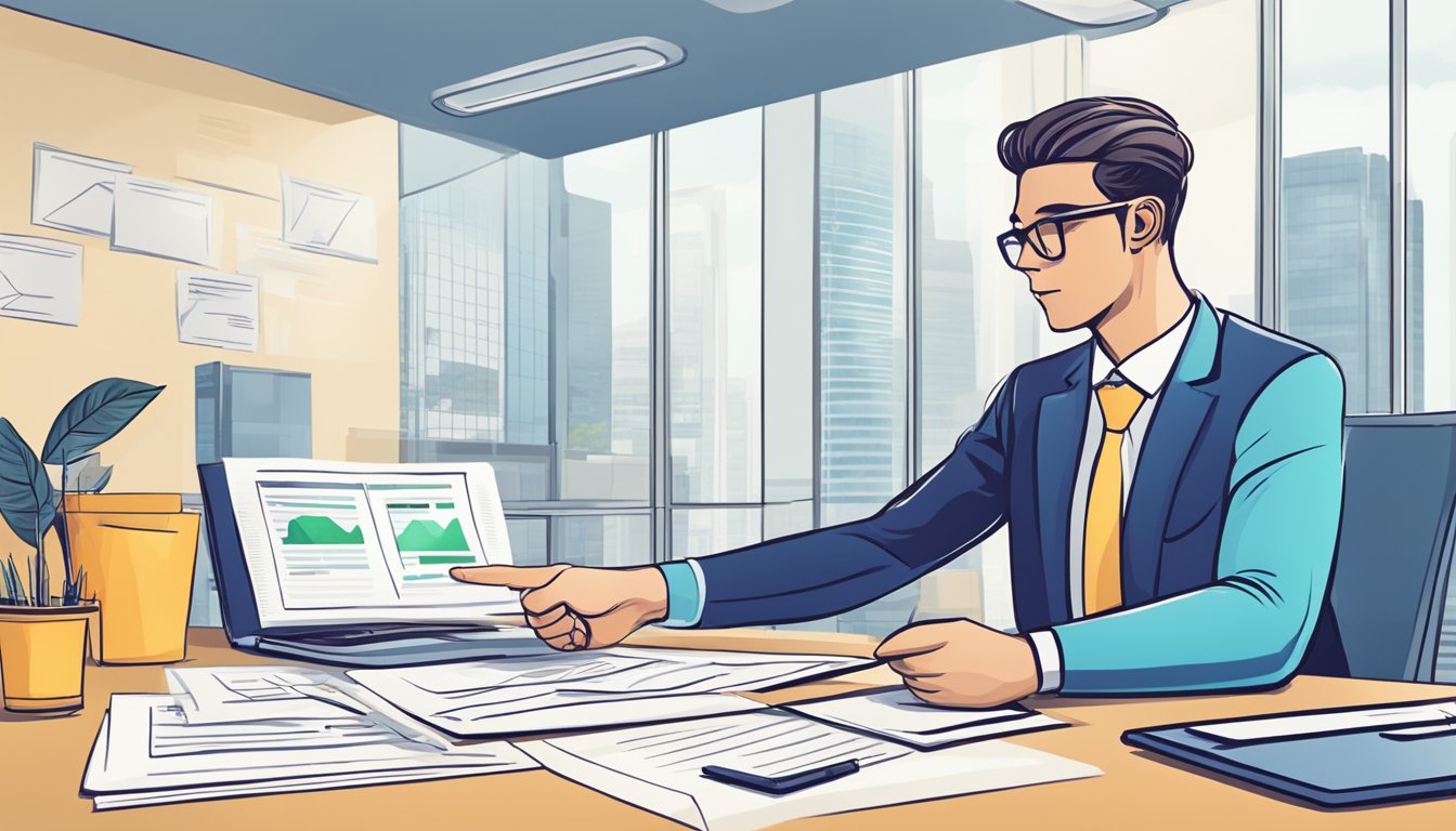A person fills out a loan application at a bank, presenting a detailed business plan and financial projections. The banker reviews the documents and approves the loan, shaking hands with the entrepreneur