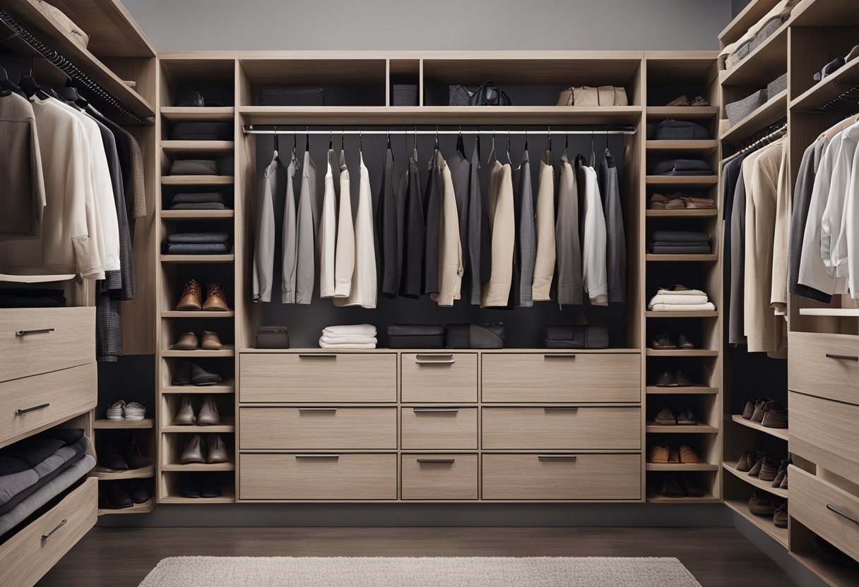 A neatly organized bedroom closet with shelves, drawers, and hanging rods. A variety of storage solutions for clothes, shoes, and accessories