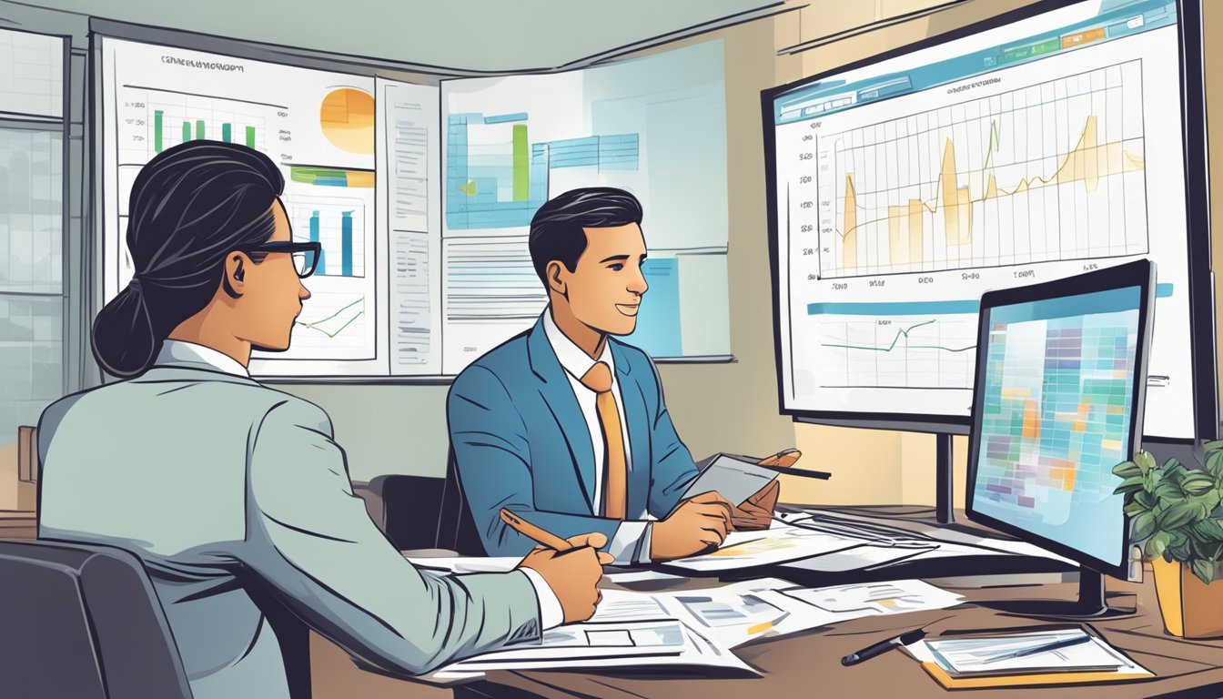 A person presenting a detailed business plan to a bank manager, demonstrating financial projections and market analysis to secure a loan for their innovative business idea